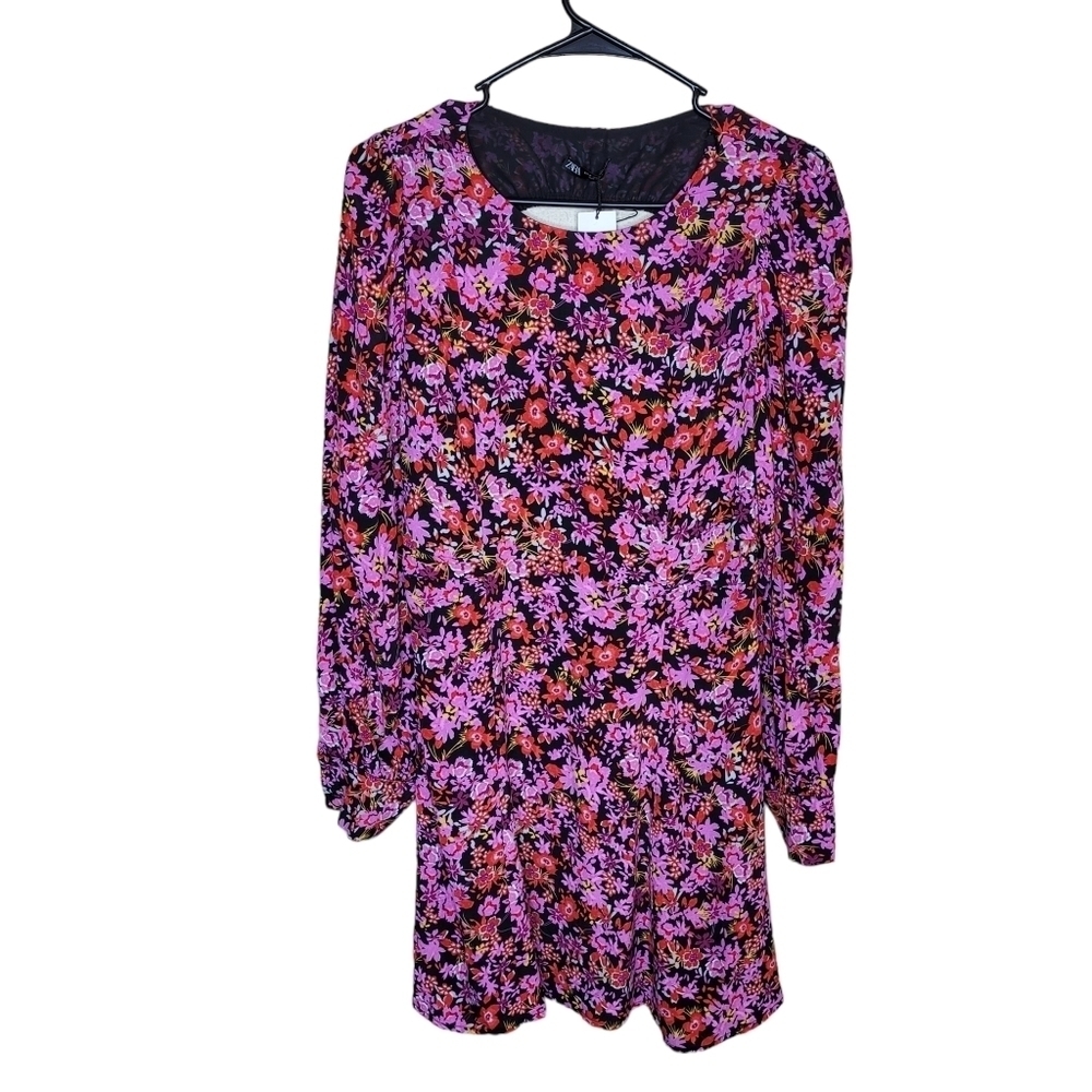 Zara long sleeve mini dress Floral cutout back pink orange black Medium